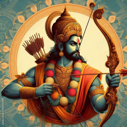 Lord Rama Celebrating Dussehra, Holding Bow and Arrow in Hand photo