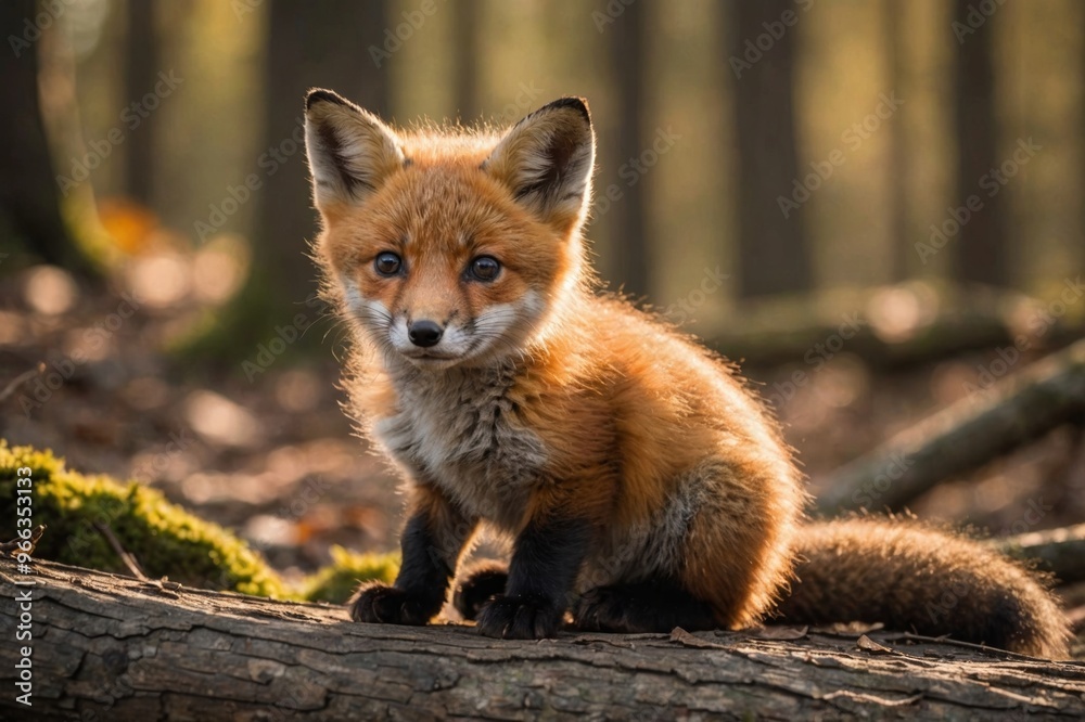 Naklejka premium baby fox kit sitting in the woods
