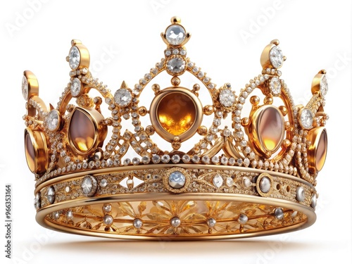 A delicate, ornate golden crown with intricate designs and sparkling gems rests on a white background, emitting a sense of regal elegance and sophistication. photo