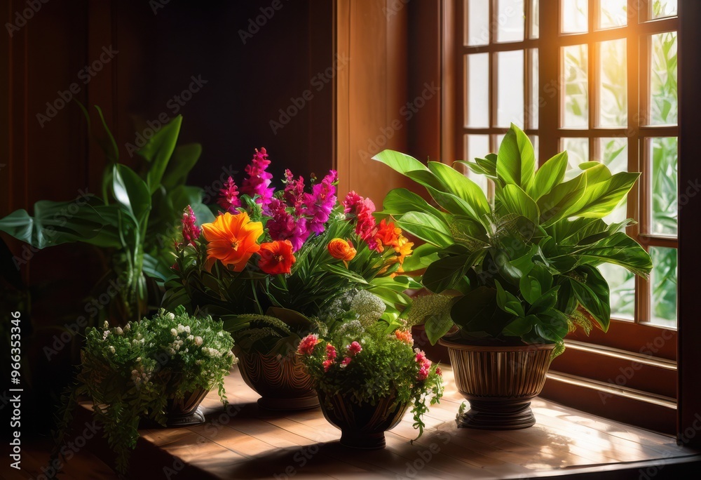 Fototapeta premium lively colorful plant arrangements showcased under bright natural light beautiful indoor setting, vibrant, colors, greenery, decoration, botanical, fresh
