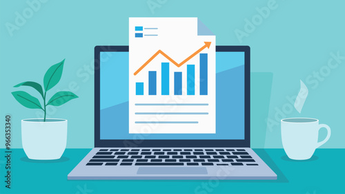 A laptop on a desk. A flower and coffee are next to the laptop. A document with a bar chart is displayed on the laptop screen. Flat design vector.
