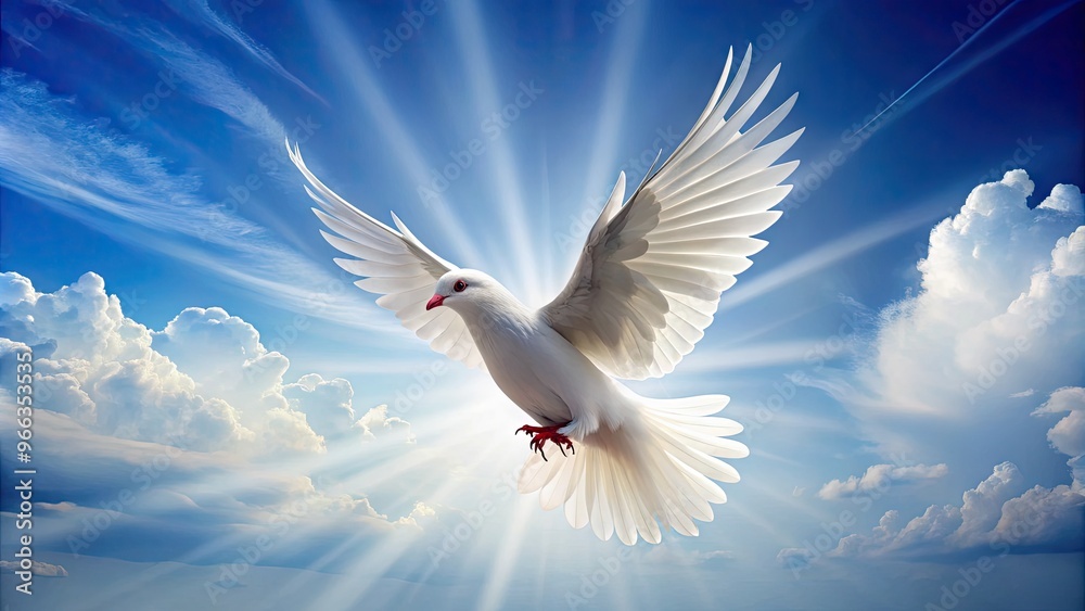 A delicate white dove in gentle flight, its soft feathers outlined against a serene blue sky with subtle gradient, conveying peace and tranquility. A delicate white dove in gentle flight, its soft feathers outlined against a serene blue sky with subtle gradient, conveying peace and tranquility.