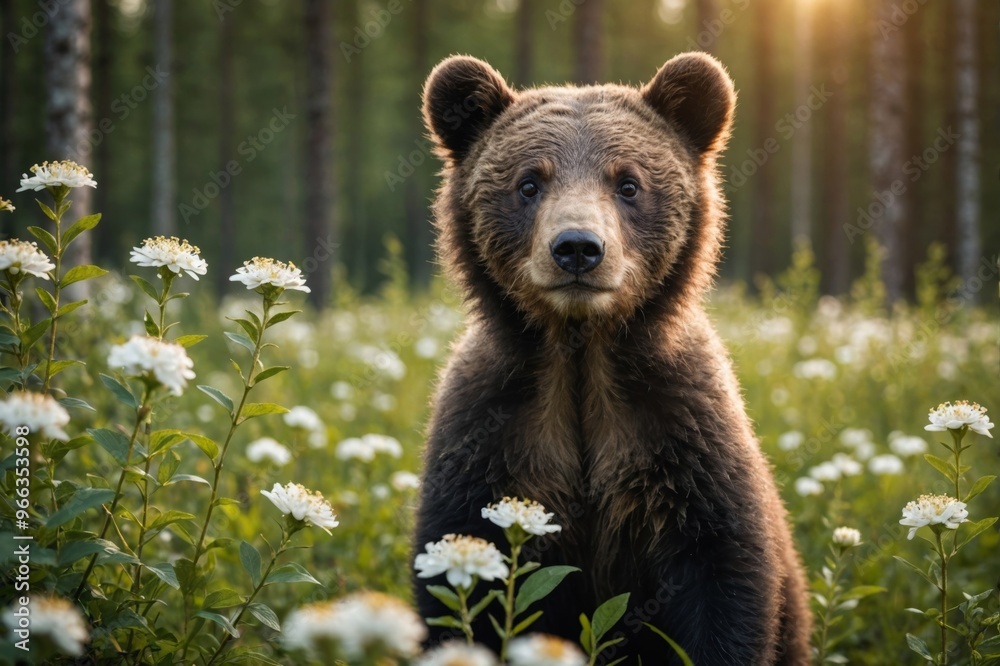Obraz premium bear cub in the summer forest on the bog among white flowers
