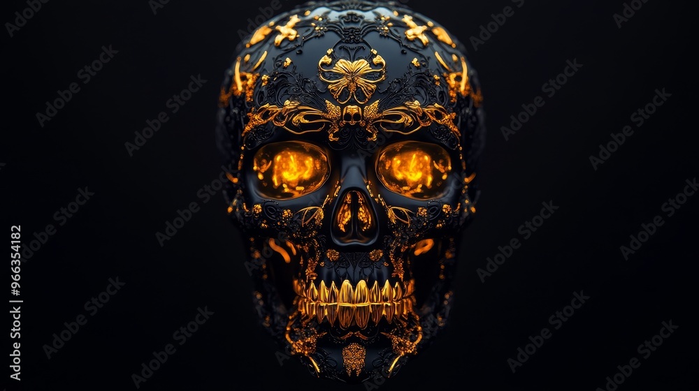 A black skull adorned with intricate gold designs and glowing eyes. The skull symbolizes mortality, the beauty of decay, and the passage of time. A black skull adorned with intricate gold designs and glowing eyes. The skull symbolizes mortality, the beauty of decay, and the passage of time.
