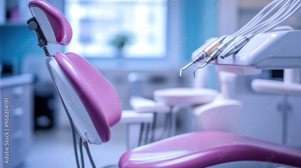 Modern dental office with close-up of empty dental pink chair and background of dental equipment. Medical and health topics concept. Modern dental office with close-up of empty dental pink chair and background of dental equipment. Medical and health topics concept.