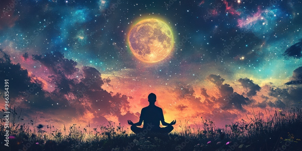 Meditation Silhouette Under Star-Filled Universe with Full Moon Meditation Silhouette Under Star-Filled Universe with Full Moon