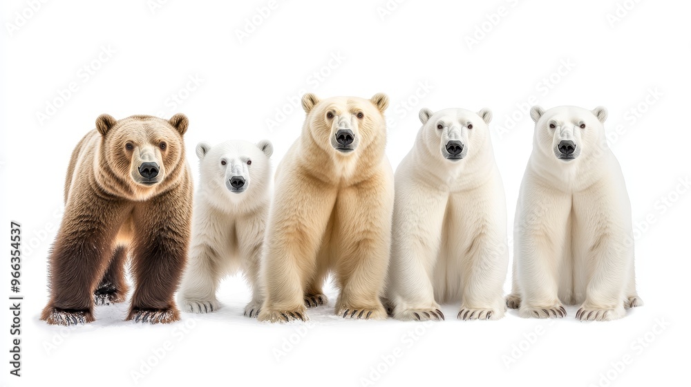 Obraz premium A brown bear and three polar bears stand side-by-side, showcasing the striking contrast between their fur colors and species. This image symbolizes strength, power, and the beauty of the natural world