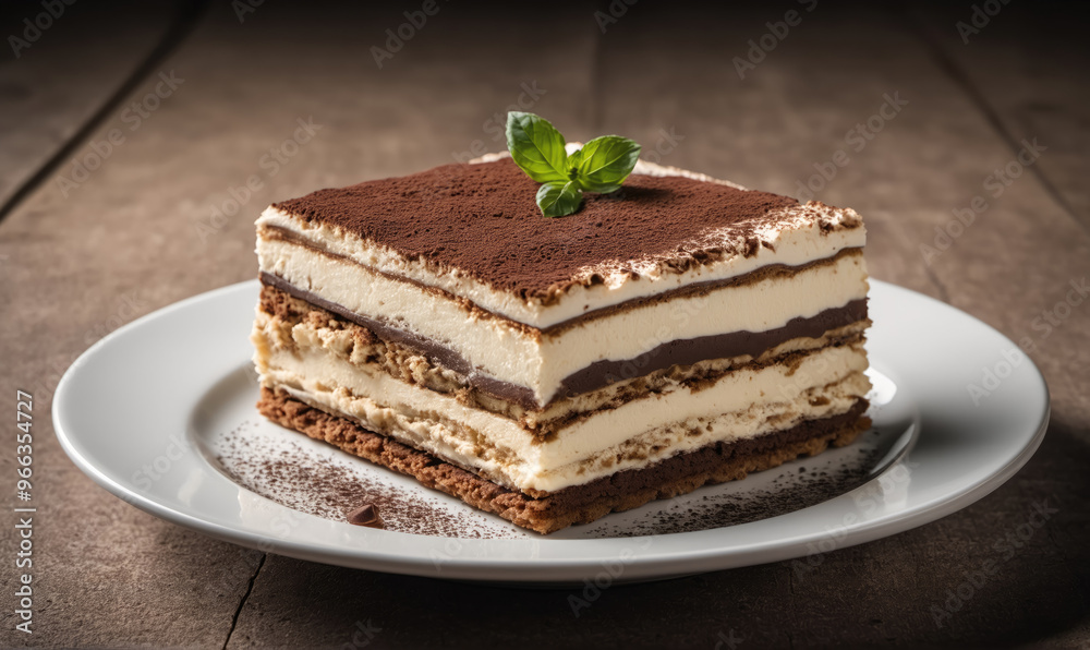 A slice of tiramisu sits on a white plate, ready to be enjoyed A slice of tiramisu sits on a white plate, ready to be enjoyed