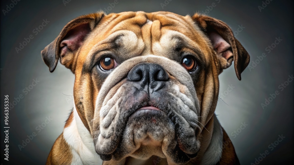 Adorable bulldog's wrinkled face, with pushed-in nose, droopy eyes, and sweet expression, showcases its endearing and lovable personality in a studio-lit close-up portrait. Adorable bulldog's wrinkled face, with pushed-in nose, droopy eyes, and sweet expression, showcases its endearing and lovable personality in a studio-lit close-up portrait.