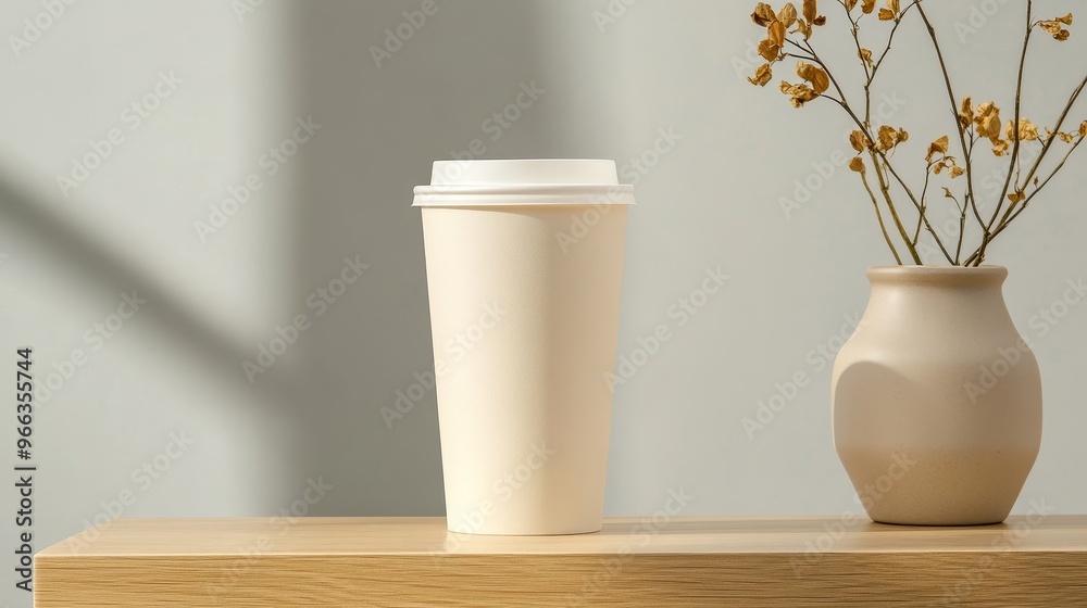 A close-up of a blank eco-friendly paper coffee cup, perfect for showcasing your brand or design. The cup is placed on a wooden table with a soft light background, symbolizing sustainability, simplici A close-up of a blank eco-friendly paper coffee cup, perfect for showcasing your brand or design. The cup is placed on a wooden table with a soft light background, symbolizing sustainability, simplici