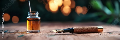 A close-up of a vintage quill pen and inkwell with a cork stopper on a wooden table, evoking a sense of tradition, artistry, and the power of written words. The bokeh background adds a touch of myster photo