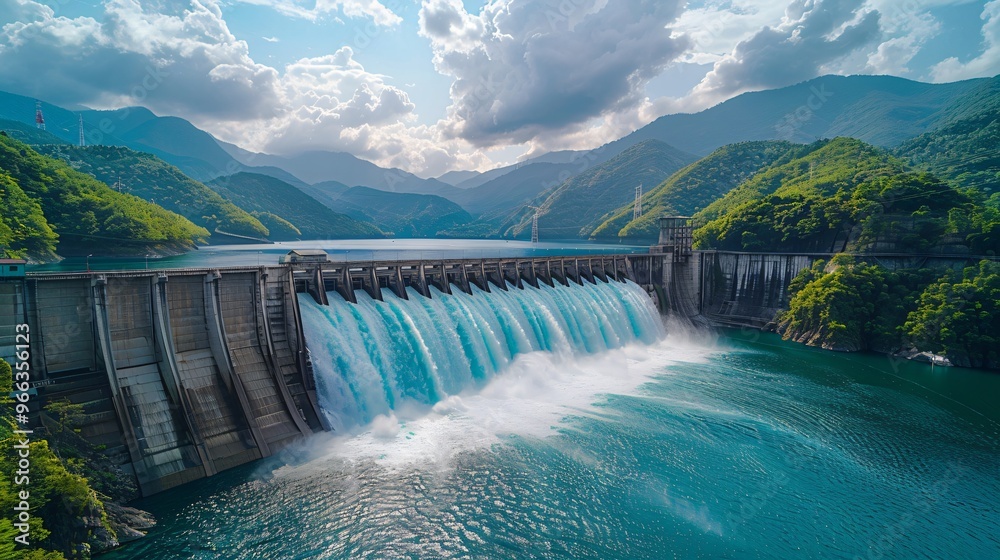 Hydroelectric dam in operation, with water powering turbines Hydroelectric dam in operation, with water powering turbines