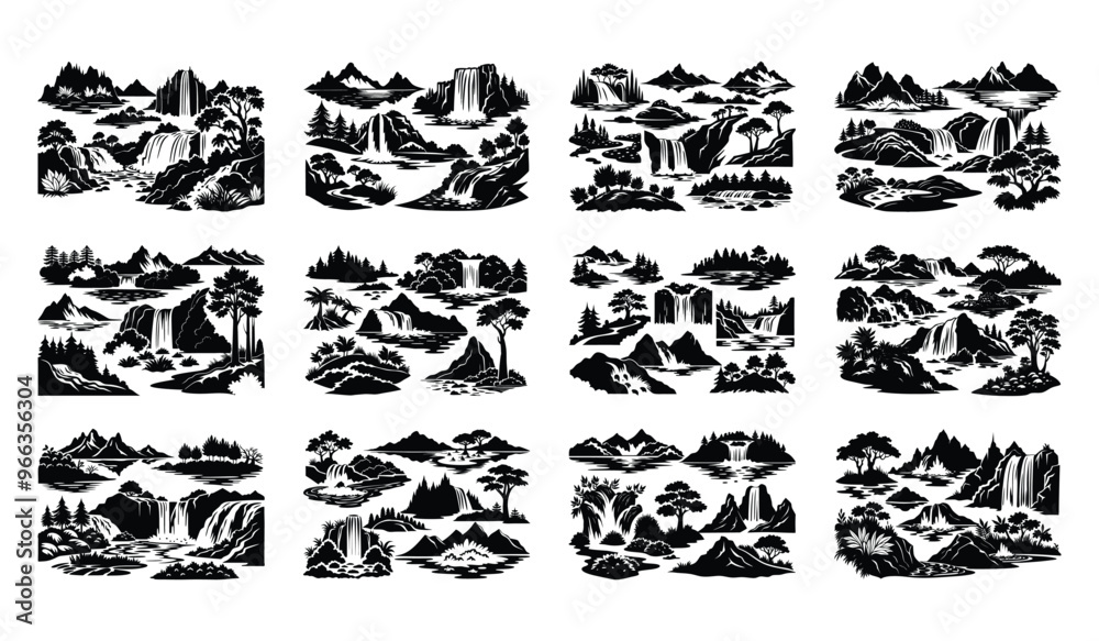 Obraz premium Set of Vector Silhouettes of River and Waterfall Scenes Flowing River, Cascading Waterfall, Stream, Rapids, Lagoon, River Delta 