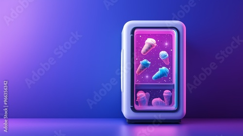 Ice cream cone inside a fridge, vibrant abstract background. Modern digital art concept.