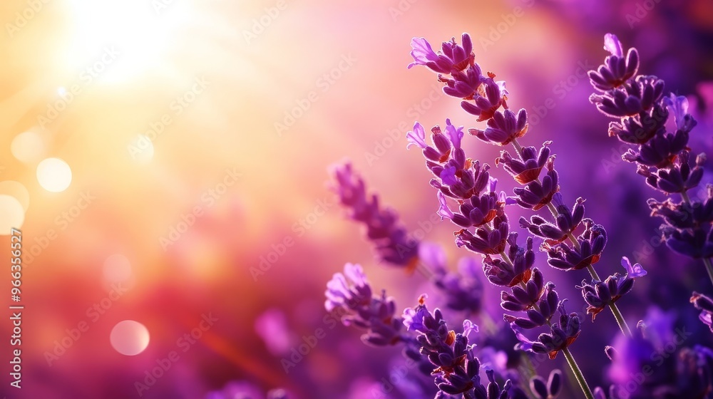 A close-up shot of lavender flowers in a field with a soft focus and a sun glare in the background. The lavender flowers symbolize peace, tranquility, relaxation, purity, and love.