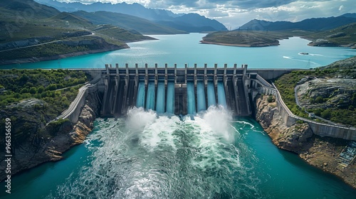 Hydroelectric dam in operation, with water powering turbines