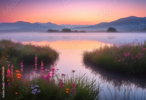 misty sunrise reflection tranquil lake calm waters serene atmosphere, nature, sky, clouds, light, scenery, landscape, view, peaceful, morning, beauty, scenic