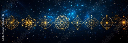 A cosmic background with a series of glowing golden sacred geometry shapes, symbolizing balance, harmony, connection, spirituality, and the universe. photo