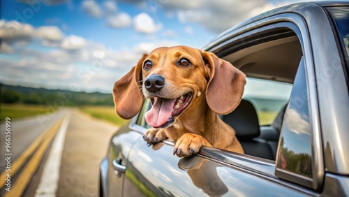 Adorable happy-faced small brown dog peers out from behind driver's side window of sleek silver sports car, tongue out and ears flapping in the wind. photo