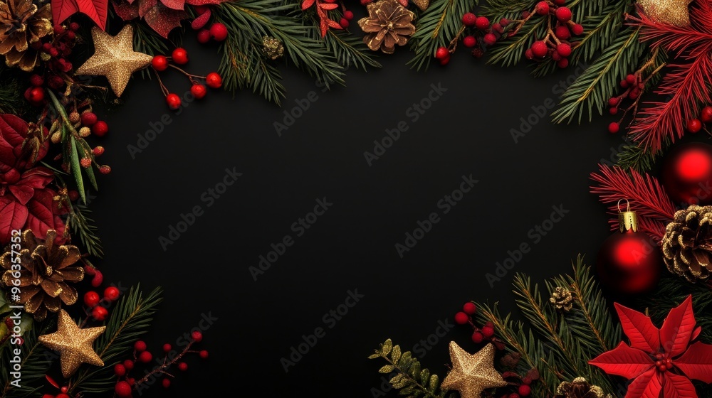 A festive Christmas border composed of evergreen branches, red berries, gold stars, pine cones, and poinsettias. This image is perfect for holiday cards, invitations, and social media posts. A festive Christmas border composed of evergreen branches, red berries, gold stars, pine cones, and poinsettias. This image is perfect for holiday cards, invitations, and social media posts.