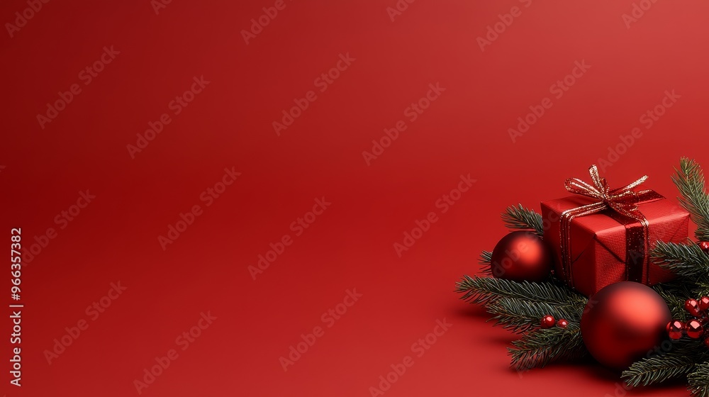 A festive Christmas composition featuring a red gift box, red ornaments, and a sprig of evergreen branches arranged on a vibrant red background. The red color symbolizes joy, warmth, and celebration, A festive Christmas composition featuring a red gift box, red ornaments, and a sprig of evergreen branches arranged on a vibrant red background. The red color symbolizes joy, warmth, and celebration,