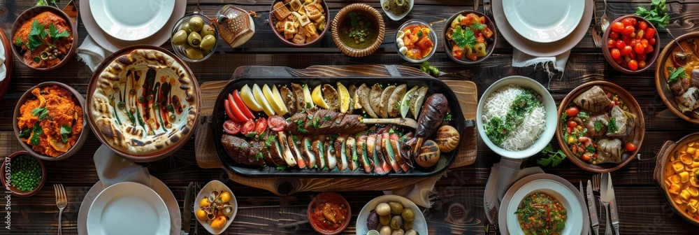 Rustic Feast: A Colorful Spread of Grilled Meat, Fresh Vegetables, and Savory Dishes Rustic Feast: A Colorful Spread of Grilled Meat, Fresh Vegetables, and Savory Dishes