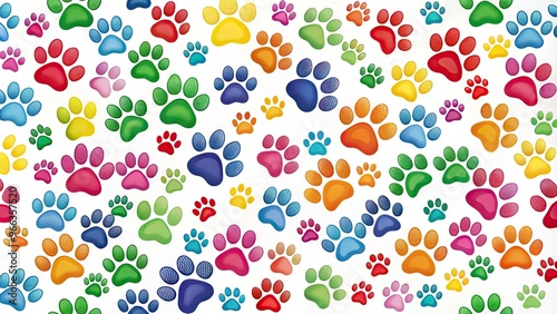 Adorable paw prints in various colors and shapes, scattered across a white background, creating a playful and imaginative illustration perfect for pet-themed designs. photo