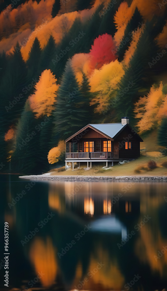 Fototapeta premium cabin nestled lake surrounded autumn foliage