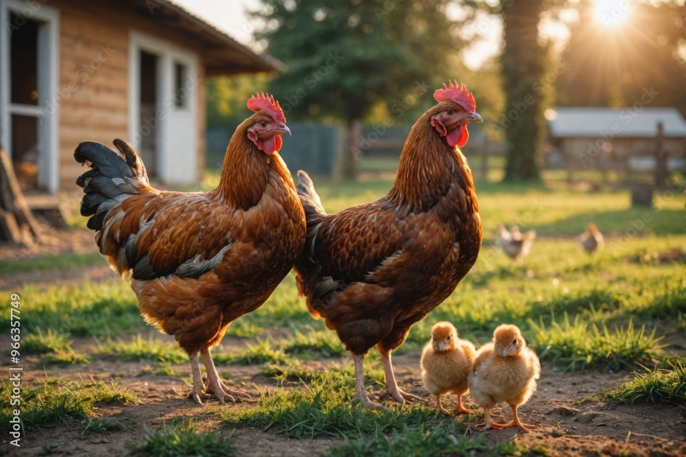 Fototapeta premium mother hen with chicken in a rural yard