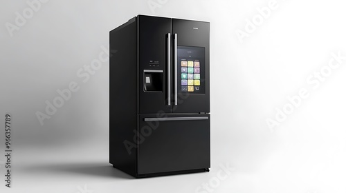 A stylish, high-tech smart refrigerator with a sleek, glass door and digital touch interface, positioned alone on a white background. 