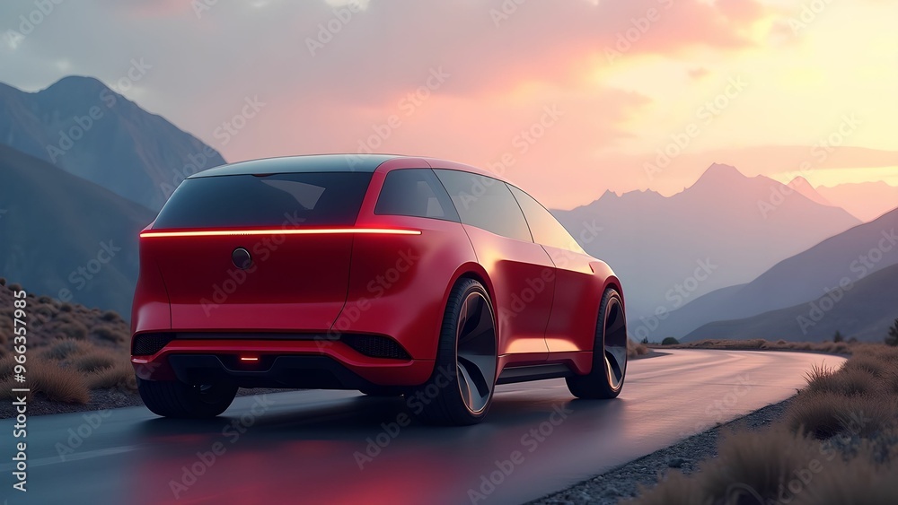 Naklejka premium Futuristic Red Truck Concept on Mountain Road At Dusk, Autonomous Transport, Modern Technology, Advanced Design, Sci-Fi Landscape, Innovation in Transportation, Futuristic Machinery Illustration