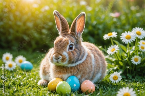 lovely bunny easter fluffy baby rabbit with colorful easter eggs on green garden with daisy flowers nature background on sunny warmimg summer day photo