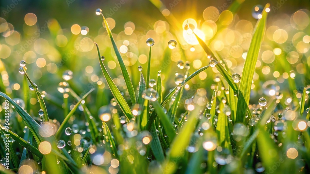 Fototapeta premium Close-Up of Dew on Green Grass in the Morning Capturing the Serenity and Freshness of Nature