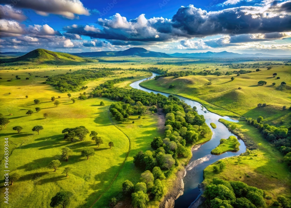 Aerial View Of A Lush African Landscape With Rolling Green Hills, Rivers Winding Through Valleys, And Vast Savannas Dotted With Wildlife Aerial View Of A Lush African Landscape With Rolling Green Hills, Rivers Winding Through Valleys, And Vast Savannas Dotted With Wildlife