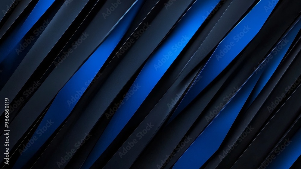 Obraz premium A modern abstract background featuring an arrangement of metallic stripes in shades of blue and black, creating a dynamic and layered effect. The interplay of light and shadow on the stripes adds dept