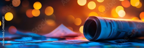 A rolled newspaper lies on a table with a warm glow of bokeh lights in the background, symbolizing the spread of information, the power of news, the warmth of community, the joy of reading, and the pr photo