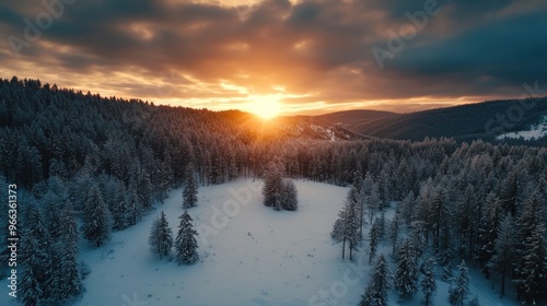 Winter Sunset Over Snowy Forest