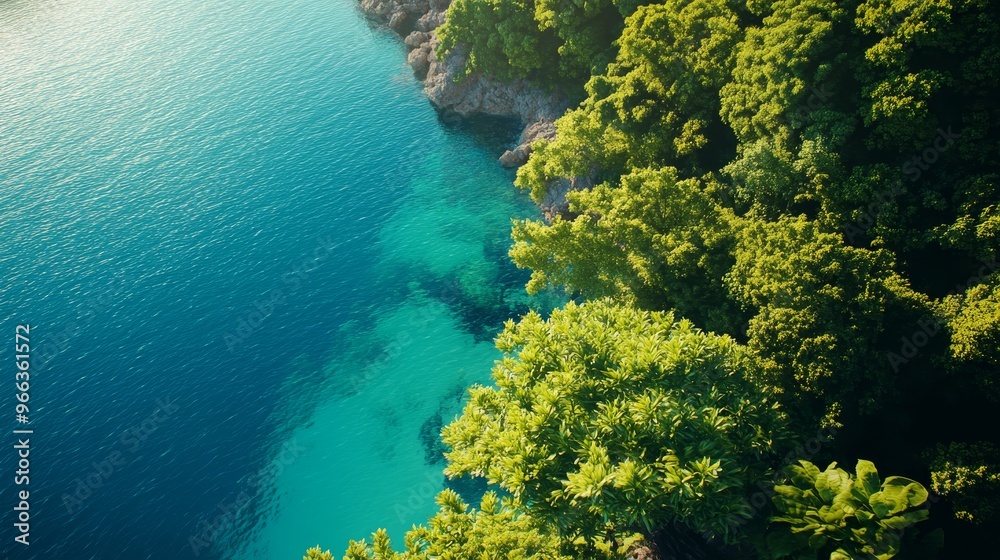 A serene aerial view of a tropical coastline. Lush green foliage hugs the shore, contrasting with the azure waters below. The scene evokes tranquility and a sense of escape to a pristine, untouched pa A serene aerial view of a tropical coastline. Lush green foliage hugs the shore, contrasting with the azure waters below. The scene evokes tranquility and a sense of escape to a pristine, untouched pa