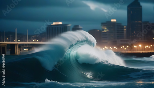 destructive tidal wave engulfing city photo