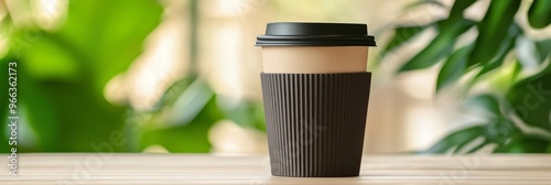 A single eco-friendly paper coffee cup with a black lid and a brown paper sleeve, sitting on a wooden table with a blurred green background. It symbolizes sustainable choices, environmental consciousn photo