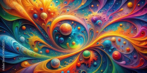 Cosmic Dance of Colors Abstract Swirls and Celestial Spheres, Abstract Art, Galaxy, Paint