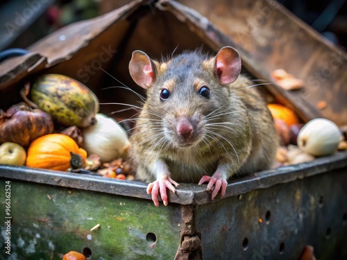 A filthy, mangy rat emerges from a dumpster, its beady eyes and pointed snout surrounded by trash, grime, and decaying food. photo