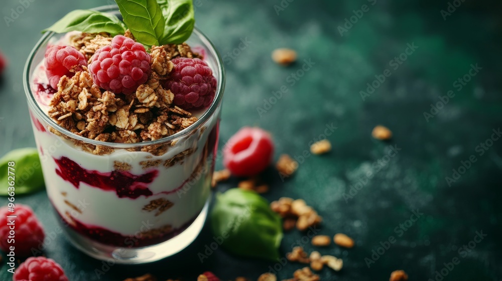 Tasty homemade yogurt parfait with granola, raspberry sauce, fresh raspberries and aromatic basil leaves in a glass on dark green background close up, healthy low carb dessert concept. Tasty homemade yogurt parfait with granola, raspberry sauce, fresh raspberries and aromatic basil leaves in a glass on dark green background close up, healthy low carb dessert concept.
