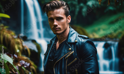 A man stands in front of a waterfall, wearing a black leather jacket