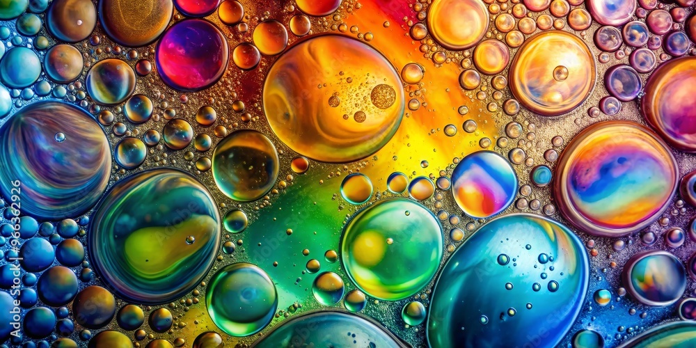 Cosmic Symphony of Oil and Water Droplets, Abstract, Macro, Surreal