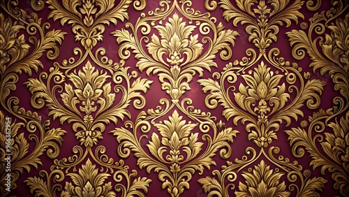 Classic Baroque Style 3D Wallpaper with Gilded Floral Patterns and Deep Wine Red Background 