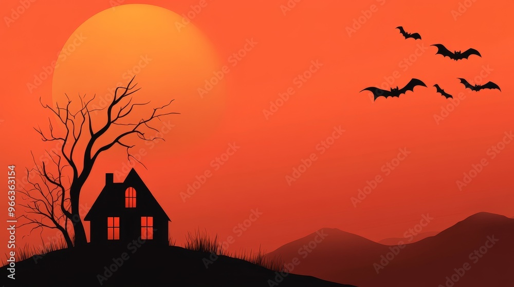 A spooky Halloween banner with a silhouette of a haunted house, a tree with bare branches, and bats flying in the orange sky. It represents a haunted forest, mysterious shadows, and the anticipation o A spooky Halloween banner with a silhouette of a haunted house, a tree with bare branches, and bats flying in the orange sky. It represents a haunted forest, mysterious shadows, and the anticipation o