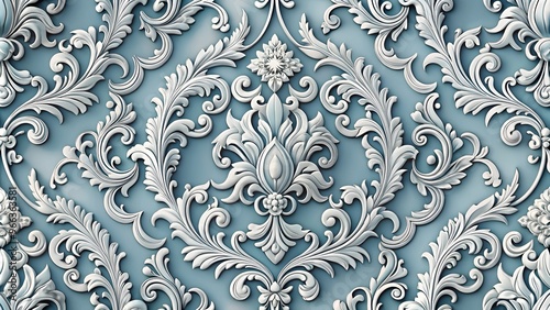 Classic Baroque Style 3D Wallpaper with Silver Filigree Patterns and Soft Blue-Grey Background 