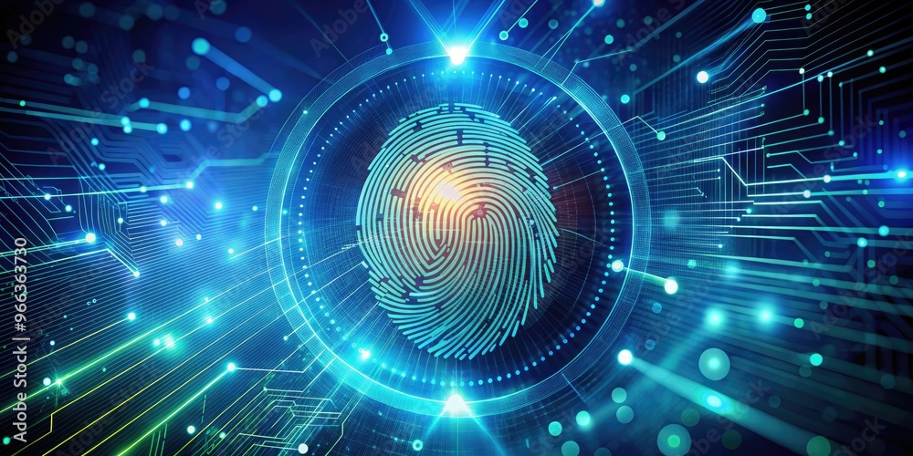 Obraz premium A futuristic illustration of a fingerprint transforming into a digital image, showcasing biometric data convergence with advanced technology and innovative forensic science.