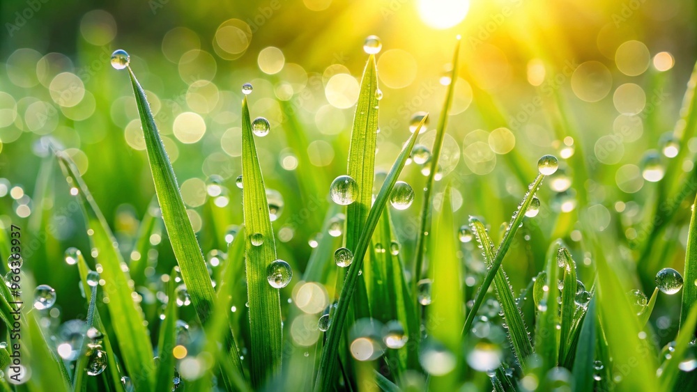 Fototapeta premium A Stunning Close-up Image Capturing Dewdrops on Green Grass in the Morning Sunlight for Nature-themed Projects